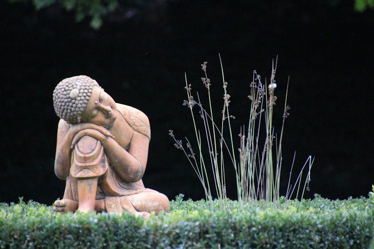 A serene Buddha statue rests peacefully in a lush garden, evoking tranquility and mindfulness.